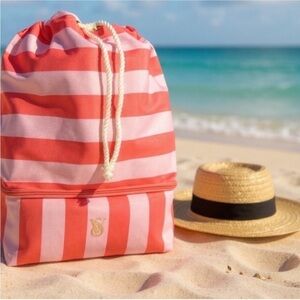New Victoria's Secret Pink Coral Stripe ULTIMATE BEACH BAG Backpack & Cooler 2n1